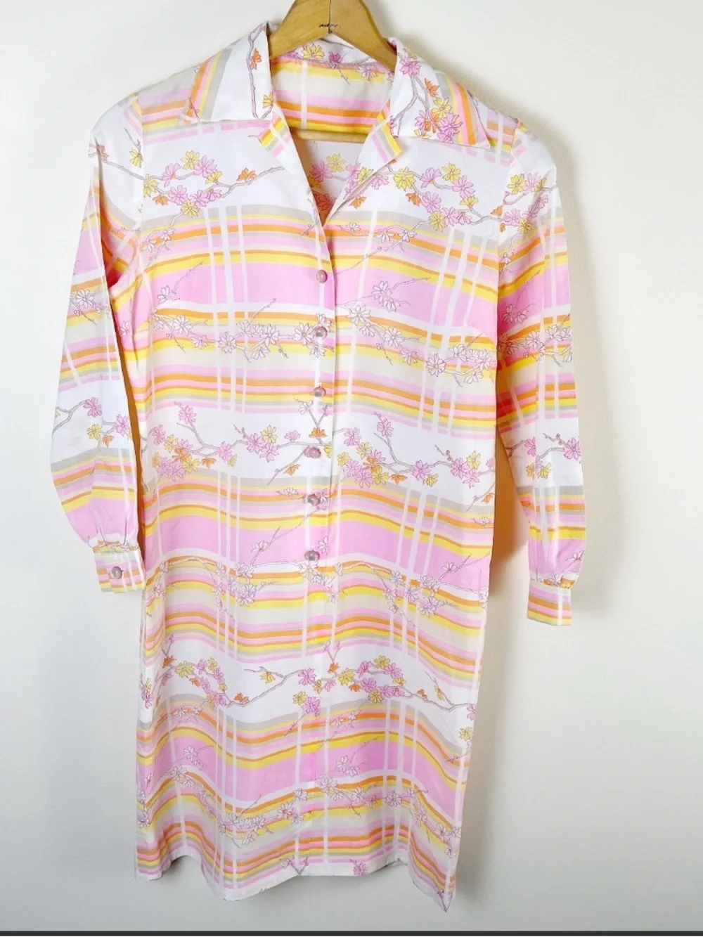 Vintage 70s Pink and Yellow Midi Shirt Dress - Picture 3 of 7